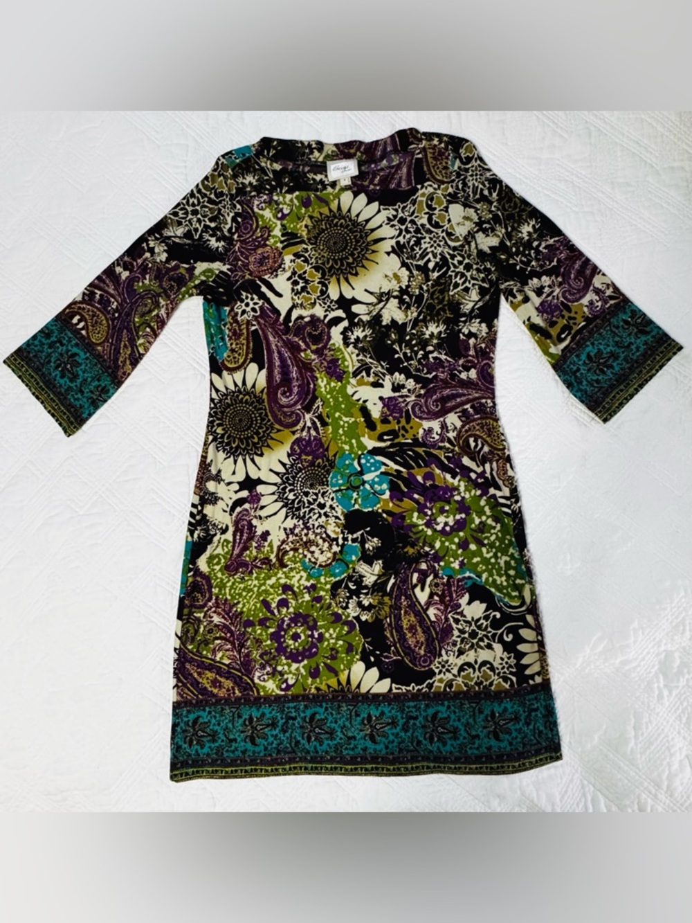 Beige by ECI  Floral Shift Dress Size 8 Black Green Teal Purple Boho